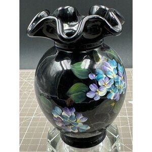 Handpainted Fenton Ebony Glass Vase Floral Design J Cutshaw